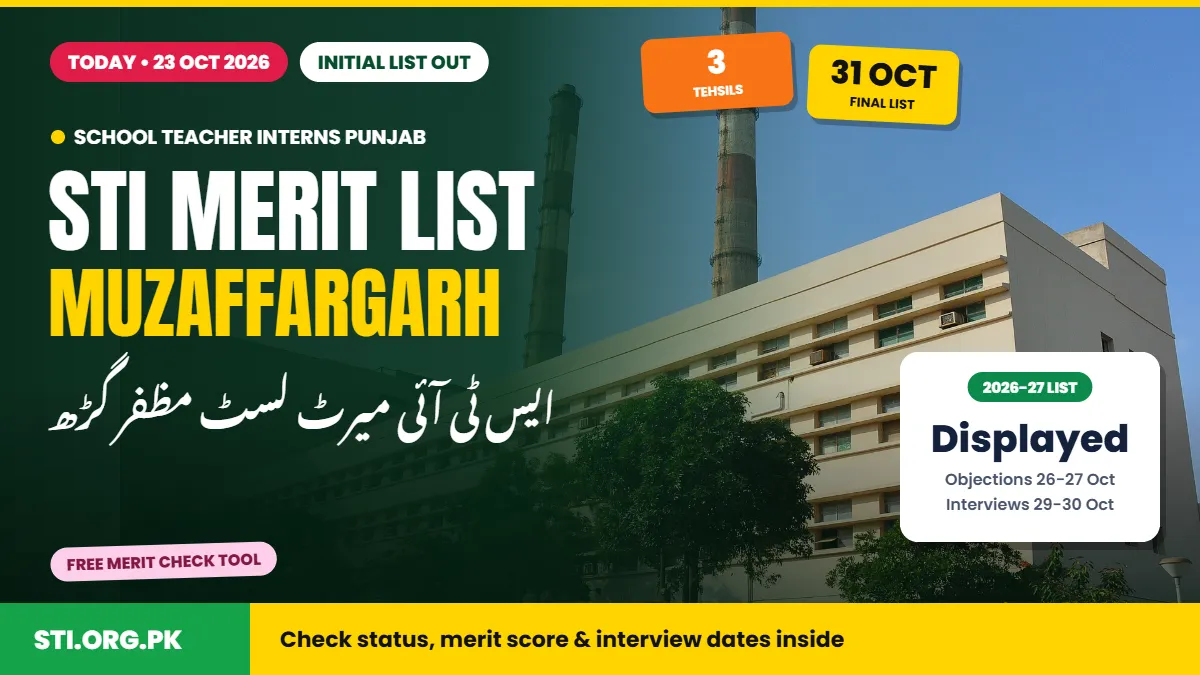 STI Merit List Muzaffargarh 2026: Initial List Out, Check Status and Dates STI Merit List Muzaffargarh 2026: Initial List Out, Check Status and Dates